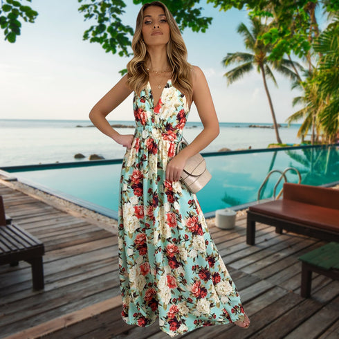Newest Summer Women's Printed Floral Strap Long Dress