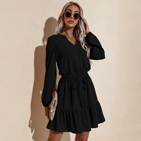 Newest Women's Long Sleeve V Neck Western Stylish Strappy Dress