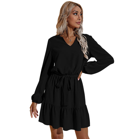 Newest Women's Long Sleeve V Neck Western Stylish Strappy Dress