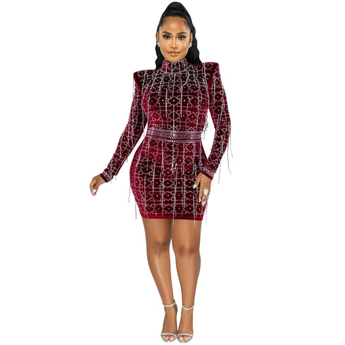Nightclub Sexy Women's Chain Long Sleeve Dresses