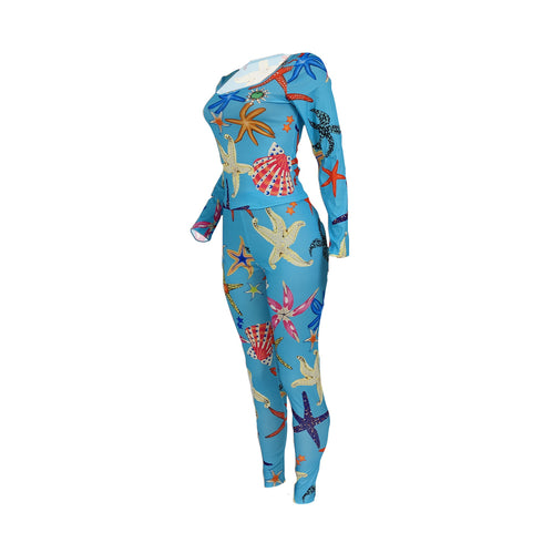 Ocean Pattern Printed Fit Slim Women's Two Piece Outfits