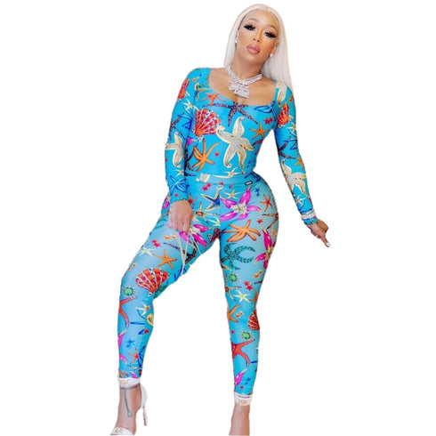 Ocean Pattern Printed Fit Slim Women's Two Piece Outfits