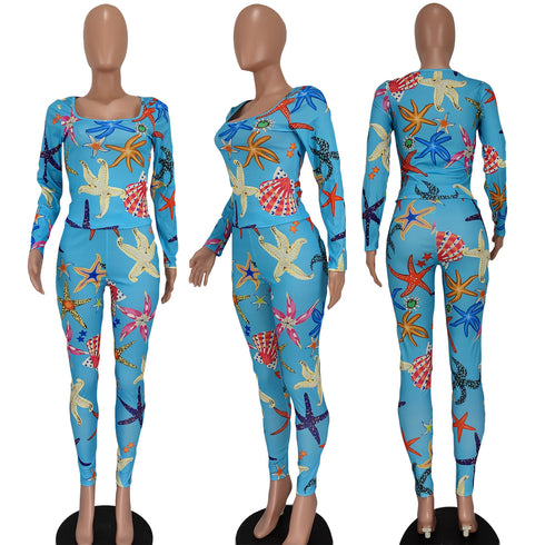 Ocean Pattern Printed Fit Slim Women's Two Piece Outfits
