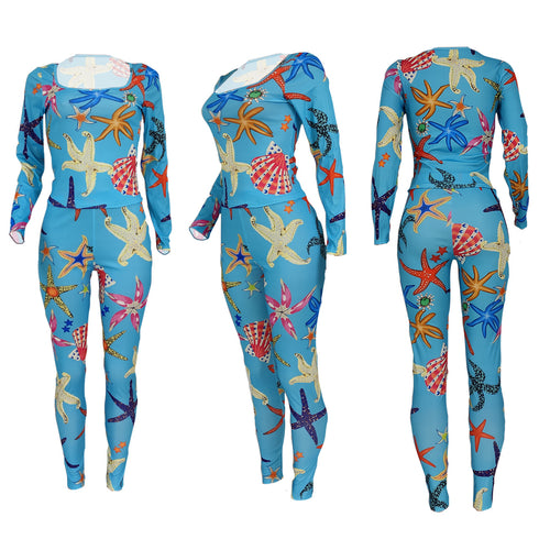 Ocean Pattern Printed Fit Slim Women's Two Piece Outfits