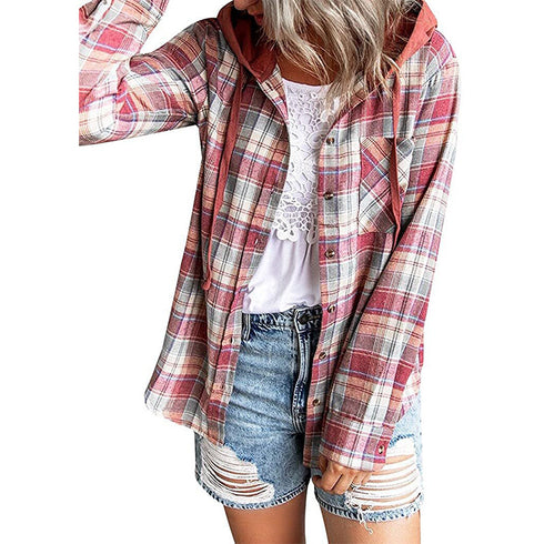 Plaid Hoodie Single Breasted Casual Shirt for Women