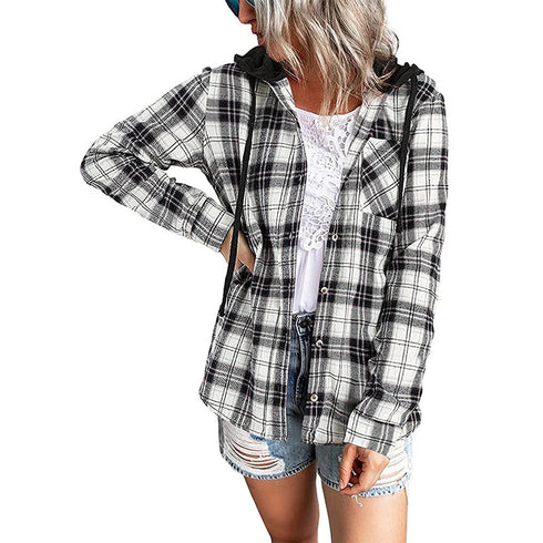 Plaid Hoodie Single Breasted Casual Shirt for Women