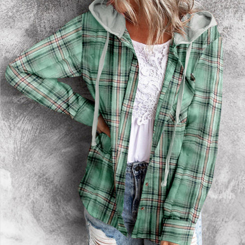 Plaid Hoodie Single Breasted Casual Shirt for Women