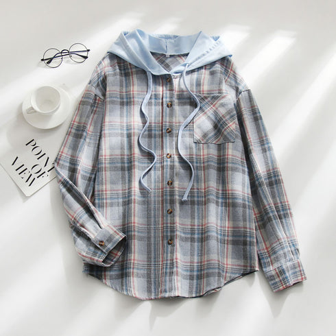 Plaid Hoodie Single Breasted Casual Shirt for Women