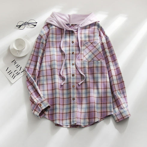 Plaid Hoodie Single Breasted Casual Shirt for Women