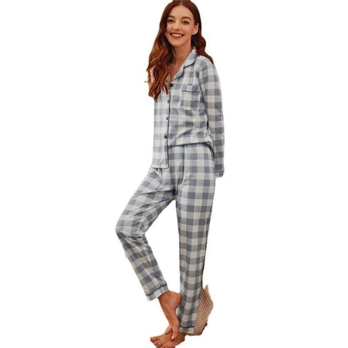 Plaid Print Button Sleepwear Women's Loungewear Pajama Sets