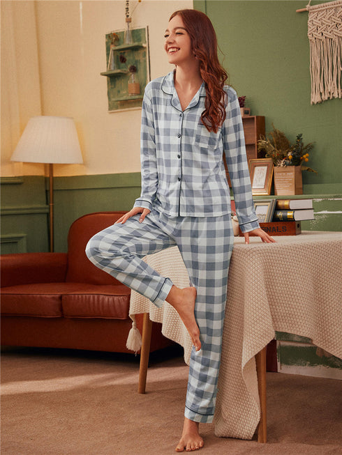 Plaid Print Button Sleepwear Women's Loungewear Pajama Sets