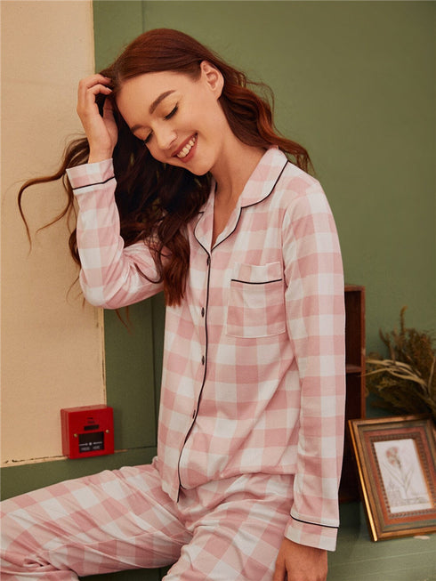 Plaid Print Button Sleepwear Women's Loungewear Pajama Sets