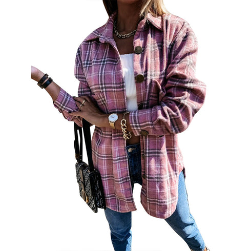 Plaid Shirt Suiting Breasted Coat Women's Lapel Outwear