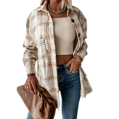 Plaid Shirt Suiting Breasted Coat Women's Lapel Outwear