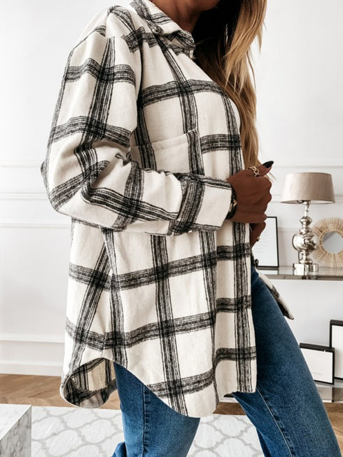 Plaid Shirt Suiting Breasted Coat Women's Lapel Outwear