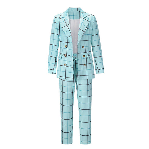 Plaid Women's Blazers Jackets Long Pant Two Piece Outfits