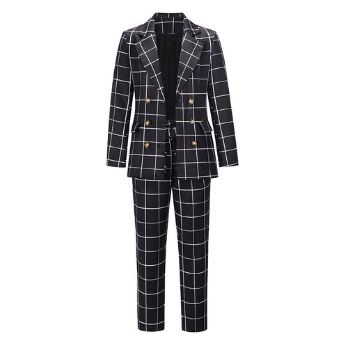 Plaid Women's Blazers Jackets Long Pant Two Piece Outfits