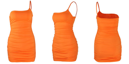 Pleated One Shoulder Spaghetti Strap Women's Bodycon Dress