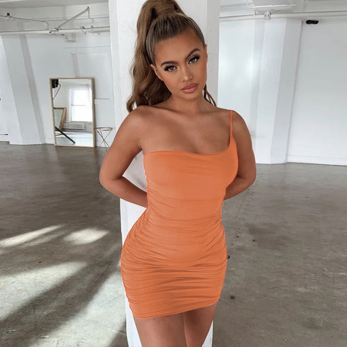 Pleated One Shoulder Spaghetti Strap Women's Bodycon Dress