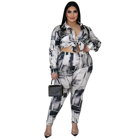 Plus Size Simple Women's Tops Pant Two Piece Outfits
