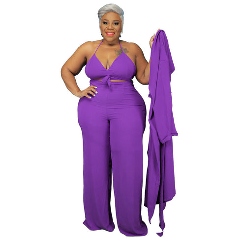 Plus Size Women's 3 Piece Lounge Set Pure Color Suit