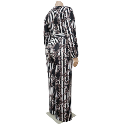 Plus Size Women's Belted Stylish Printed Jumpsuits