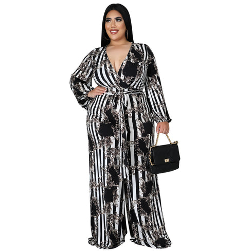 Plus Size Women's Belted Stylish Printed Jumpsuits