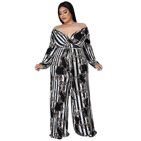 Plus Size Women's Belted Stylish Printed Jumpsuits
