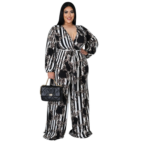 Plus Size Women's Belted Stylish Printed Jumpsuits