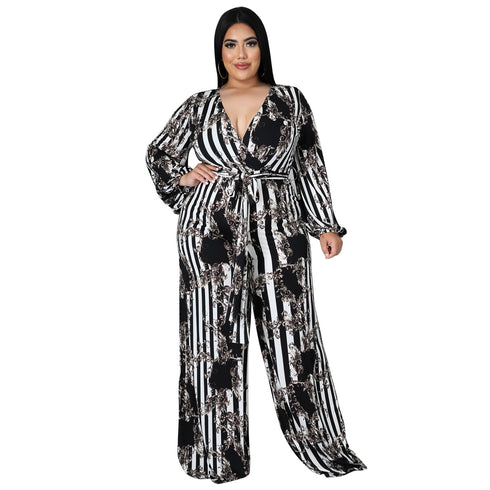 Plus Size Women's Belted Stylish Printed Jumpsuits