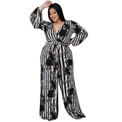 Plus Size Women's Belted Stylish Printed Jumpsuits