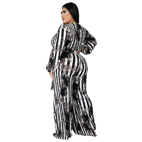 Plus Size Women's Belted Stylish Printed Jumpsuits