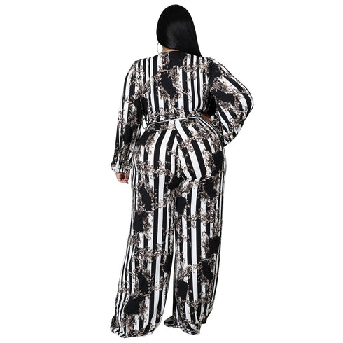 Plus Size Women's Belted Stylish Printed Jumpsuits