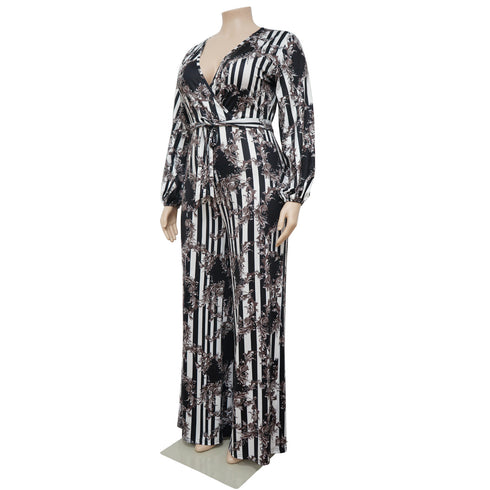Plus Size Women's Belted Stylish Printed Jumpsuits