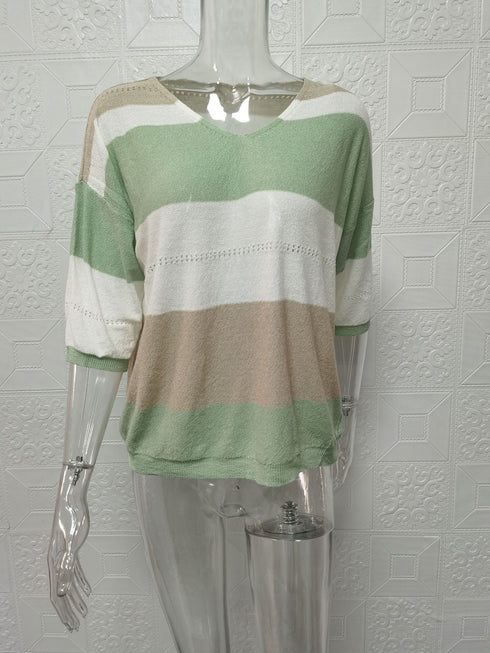 Plus Size Women's Halter Belt V Neck Striped Cutout Sweater