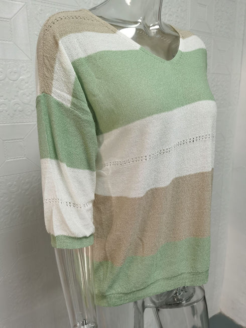 Plus Size Women's Halter Belt V Neck Striped Cutout Sweater