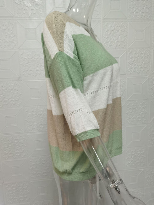 Plus Size Women's Halter Belt V Neck Striped Cutout Sweater