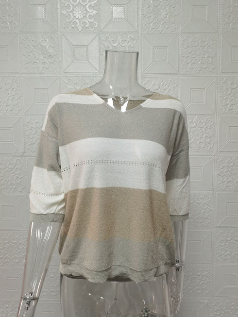 Plus Size Women's Halter Belt V Neck Striped Cutout Sweater