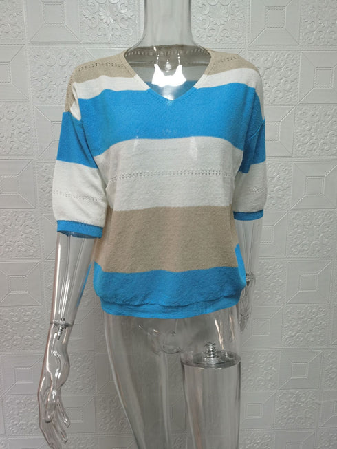 Plus Size Women's Halter Belt V Neck Striped Cutout Sweater