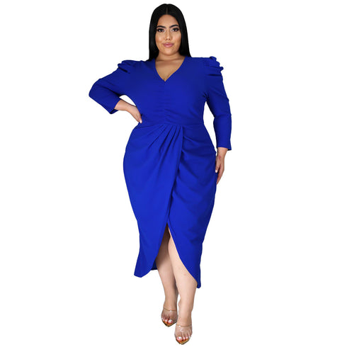 Plus Size Women's Long Sleeve V Neck Irregularity Dresses