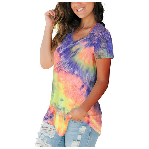 Plus Size Women's Loose Tie-dyed Short Sleeved T-shirt Top