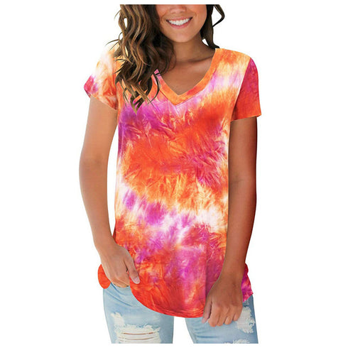 Plus Size Women's Loose Tie-dyed Short Sleeved T-shirt Top