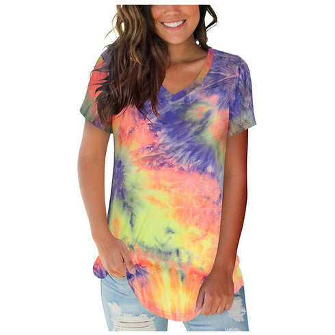 Plus Size Women's Loose Tie-dyed Short Sleeved T-shirt Top