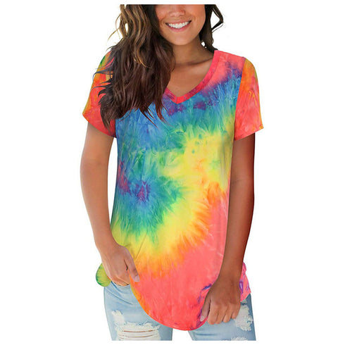 Plus Size Women's Loose Tie-dyed Short Sleeved T-shirt Top