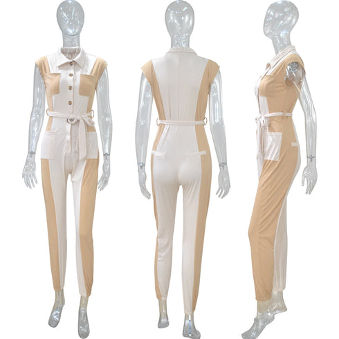 Plus Size Women's Patchwork Short Sleeve Jumpsuits