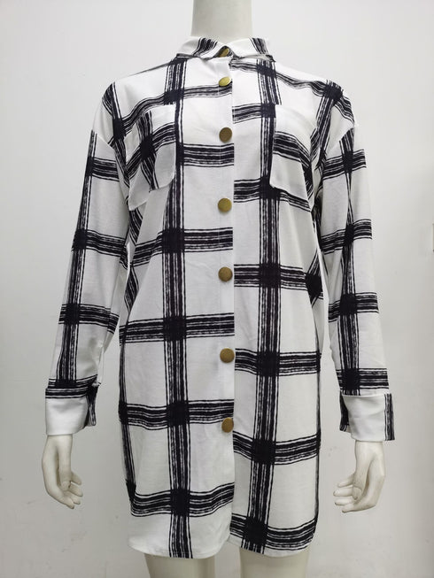 Plus Size Women's Plaid Lapel Button Coat Loose Shirts
