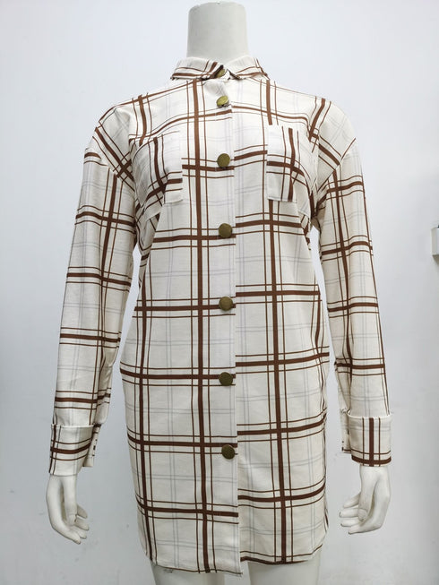 Plus Size Women's Plaid Lapel Button Coat Loose Shirts