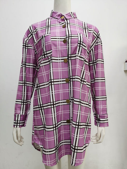 Plus Size Women's Plaid Lapel Button Coat Loose Shirts