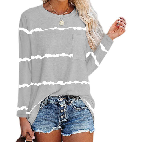 Plus Size Women's Print Round Collar Long Sleeve T-shirt