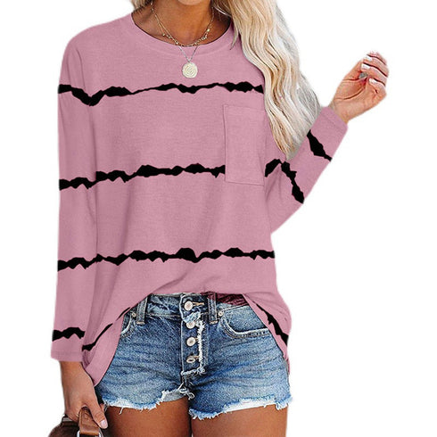 Plus Size Women's Print Round Collar Long Sleeve T-shirt